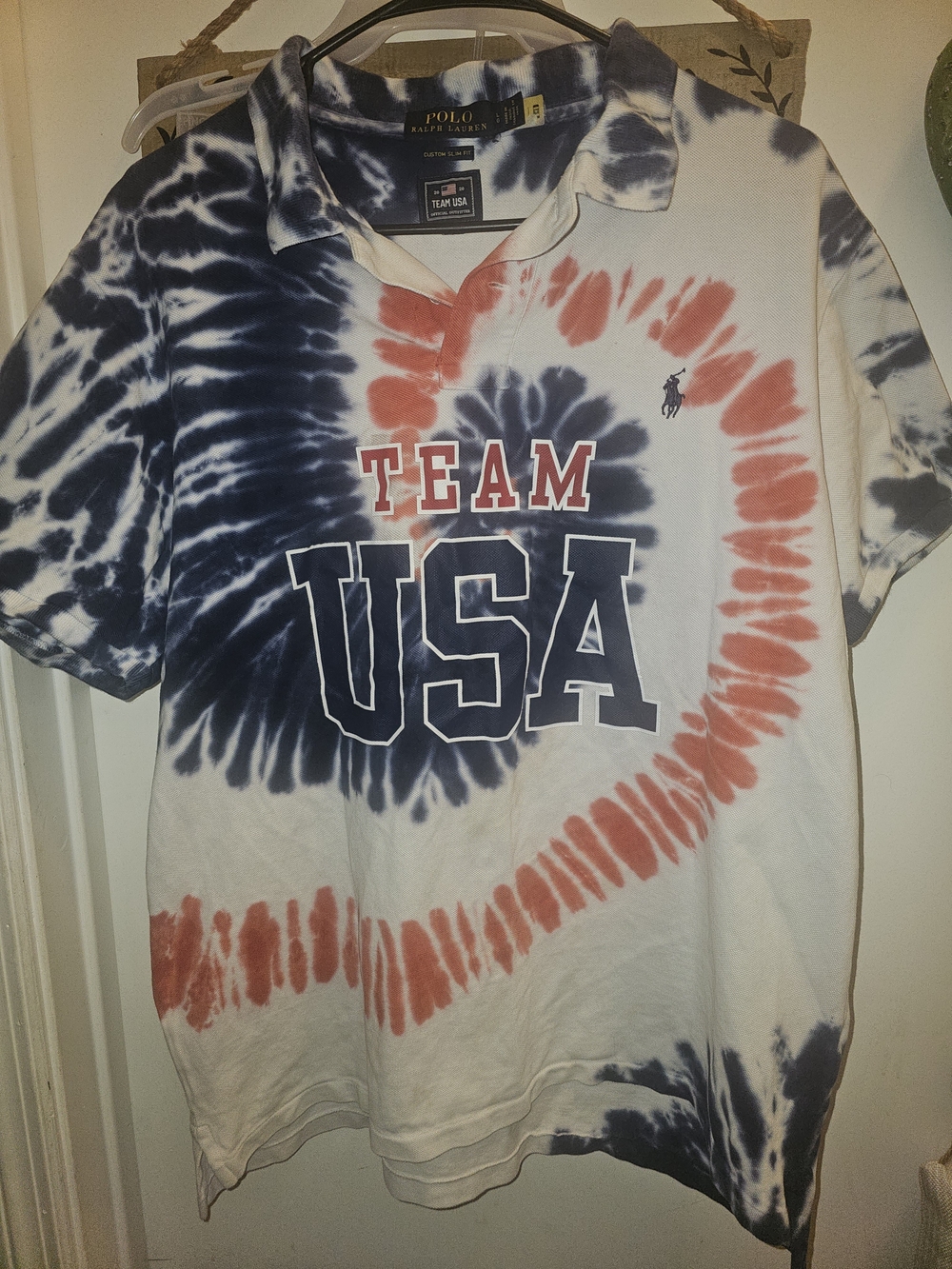 Polo by Ralph Lauren Mens Sz Lg Tie-Dye Team USA Polo - Navy, Red & White